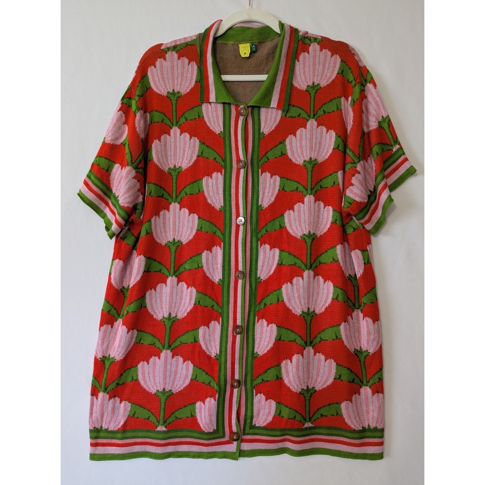 Farm Rio Red Pink Floral Tulip Knit Oversized Button Down Shirt Cardigan Size M - Picture 2 of 10